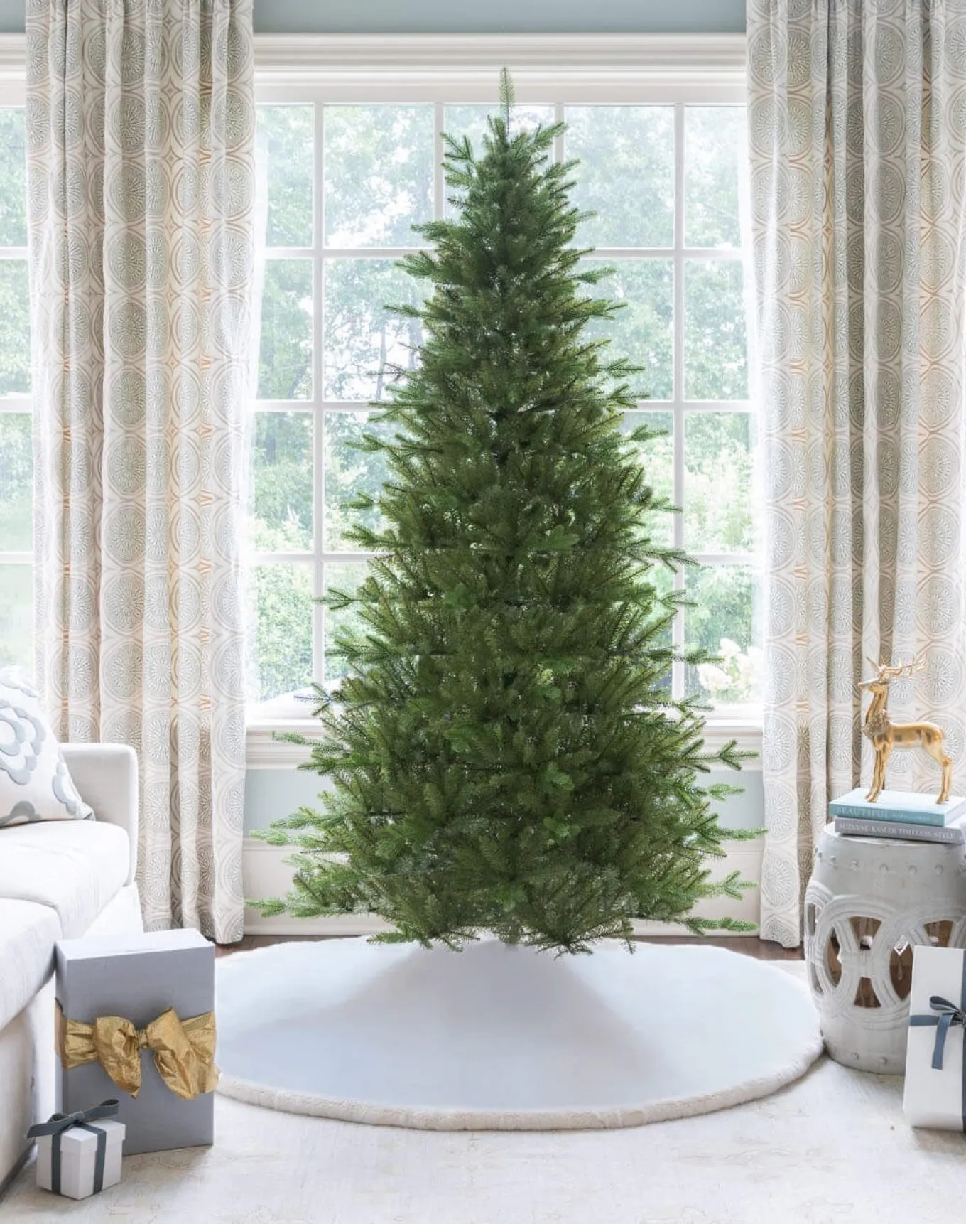 King Of Christmas 12' Alpine Fir Slim Artificial Christmas Tree 1400 Warm White LED Lights- Realistic|Slim