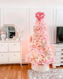 King Of Christmas 6.5' Duchess Pink Flock Artificial Christmas Tree With 500 Warm White LED Lights- Classic|Pre-Lit