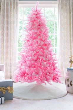King Of Christmas 7.5' Duchess Pink Flock Artificial Christmas Tree With 600 Warm White LED Lights- Classic|Full