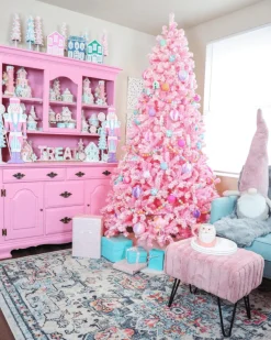 King Of Christmas 7.5' Duchess Pink Flock Artificial Christmas Tree With 600 Warm White LED Lights- Classic|Full