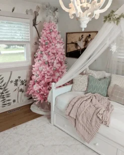 King Of Christmas 7.5' Duchess Pink Flock Artificial Christmas Tree With 600 Warm White LED Lights- Classic|Full