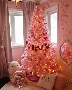 King Of Christmas 7.5' Duchess Pink Flock Artificial Christmas Tree With 600 Warm White LED Lights- Classic|Full