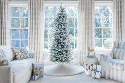 King Of Christmas 7.5' King Flock® Slim Artificial Christmas Tree With 650 Warm White LED Lights- Realistic|Slim