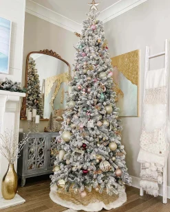 King Of Christmas 7.5' King Flock® Slim Artificial Christmas Tree With 650 Warm White LED Lights- Realistic|Slim