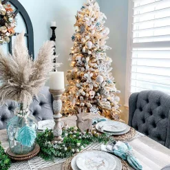 King Of Christmas 8' King Flock® Slim Artificial Christmas Tree With 700 Warm White LED Lights- Realistic|Slim