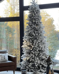 King Of Christmas 9' King Flock® Slim Artificial Christmas Tree With 900 Warm White LED Lights- Realistic|Slim