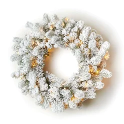 King Of Christmas 24" King Flock® Wreath With Warm White LED Lights (Battery Operated)- Wreaths|Flocked