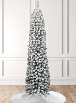 King Of Christmas 7' Prince Flock® Pencil Artificial Christmas Tree With 400 Warm White LED Lights- Classic|Slim