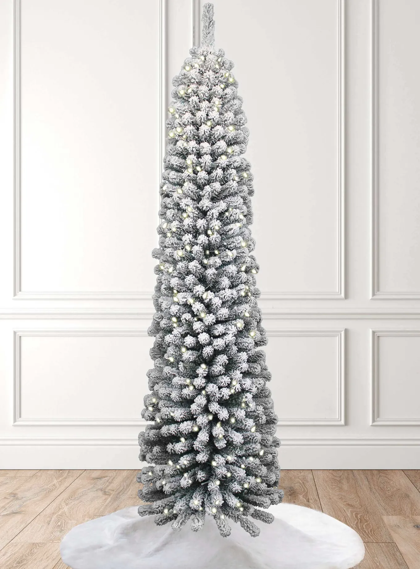 King Of Christmas 7' Prince Flock® Pencil Artificial Christmas Tree With 400 Warm White LED Lights- Classic|Slim