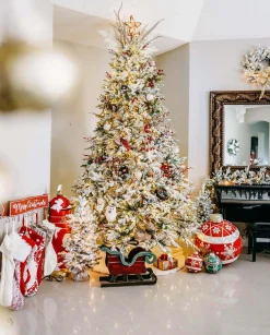 King Of Christmas 12' Queen Flock® Artificial Christmas Tree With 1700 Warm White LED Lights- Realistic|Pre-Lit