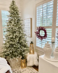 King Of Christmas 10' Queen Flock® Slim Artificial Christmas Tree 1000 Warm White LED Lights- Realistic|Slim