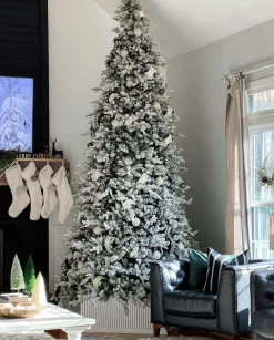 King Of Christmas 10' Queen Flock® Slim Artificial Christmas Tree 1000 Warm White LED Lights- Realistic|Slim