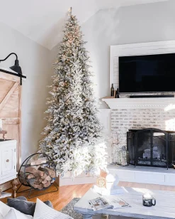 King Of Christmas 10' Queen Flock® Slim Artificial Christmas Tree 1000 Warm White LED Lights- Realistic|Slim