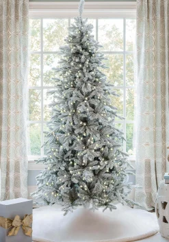 King Of Christmas 12' Queen Flock® Slim Artificial Christmas Tree With 1200 Warm White LED Lights- Realistic|Slim