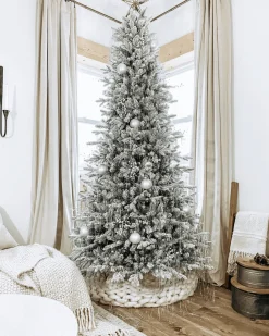 King Of Christmas 12' Queen Flock® Slim Artificial Christmas Tree With 1200 Warm White LED Lights- Realistic|Slim