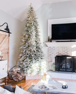 King Of Christmas 12' Queen Flock® Slim Artificial Christmas Tree With 1200 Warm White LED Lights- Realistic|Slim