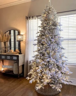 King Of Christmas 7.5' Queen Flock® Slim Artificial Christmas Tree With 650 Warm White LED Lights- Realistic|Slim