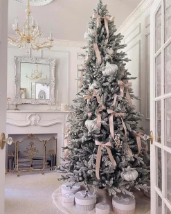 King Of Christmas 9' Queen Flock® Slim Artificial Christmas Tree With 900 Warm White LED Lights- Realistic|Slim