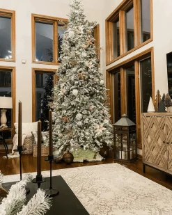 King Of Christmas 9' Queen Flock® Slim Artificial Christmas Tree With 900 Warm White LED Lights- Realistic|Slim