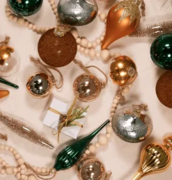 King Of Christmas Natural 30-Piece Glass Ornament Set (Burnt-Orange, Green) Limited Edition- Ornaments|30 Pack