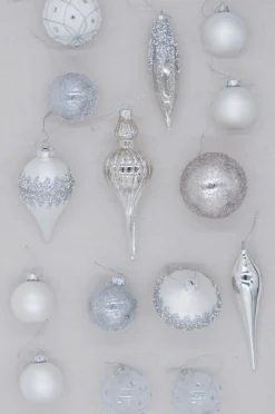 King Of Christmas Winter Frost 15-Piece Glass Ornament Set (White-Silver)- Ornaments|15 Pack