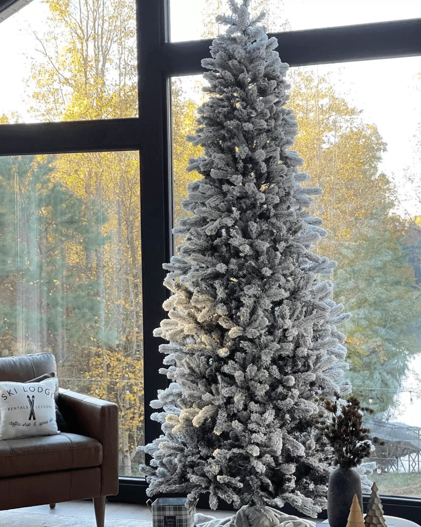 King Of Christmas 12' King Flock® Slim Artificial Christmas Tree With 1250 Warm White LED Lights- Realistic | Slim