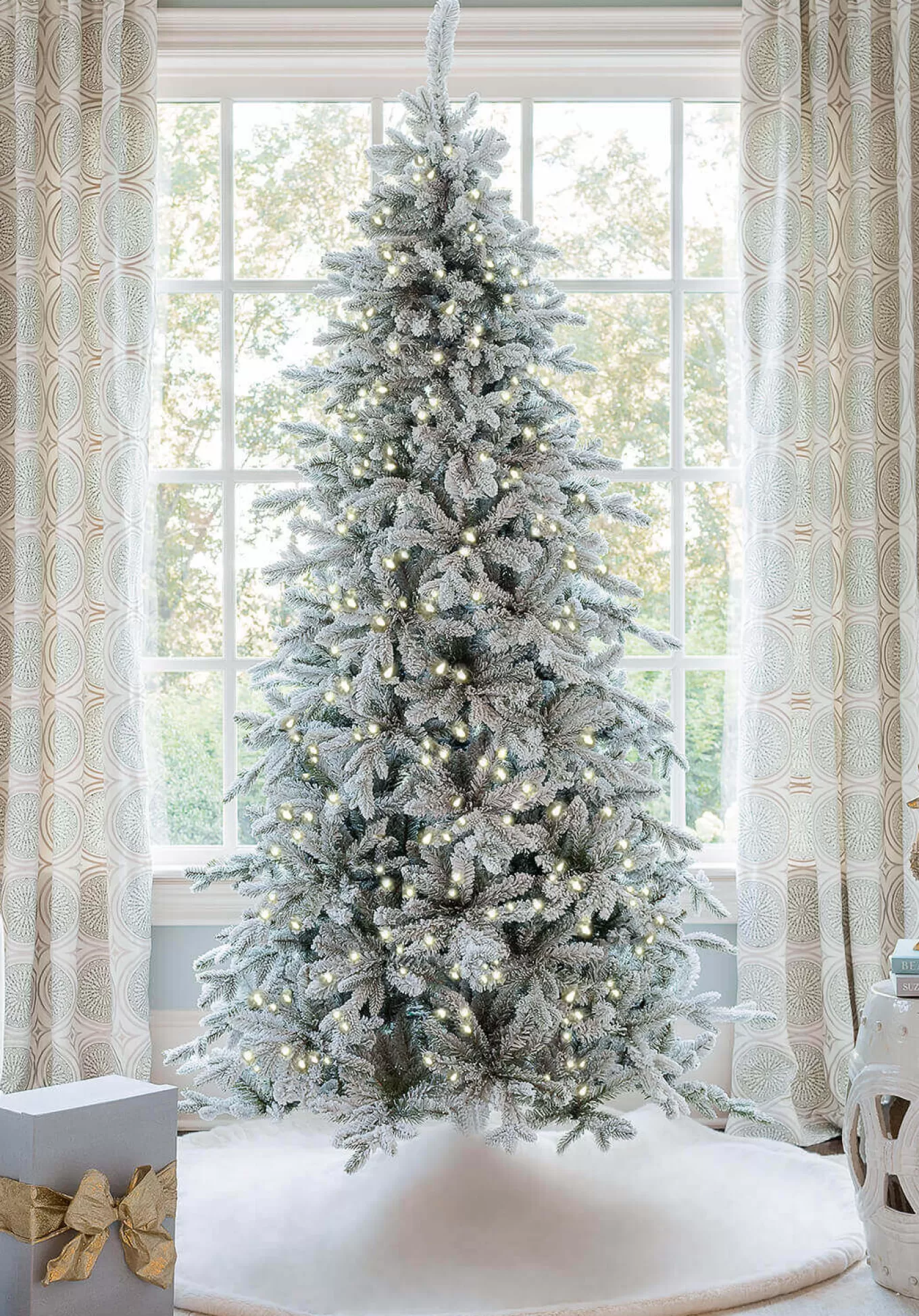 King Of Christmas 12' Queen Flock® Slim Artificial Christmas Tree With 1200 Warm White LED Lights- Realistic | Slim