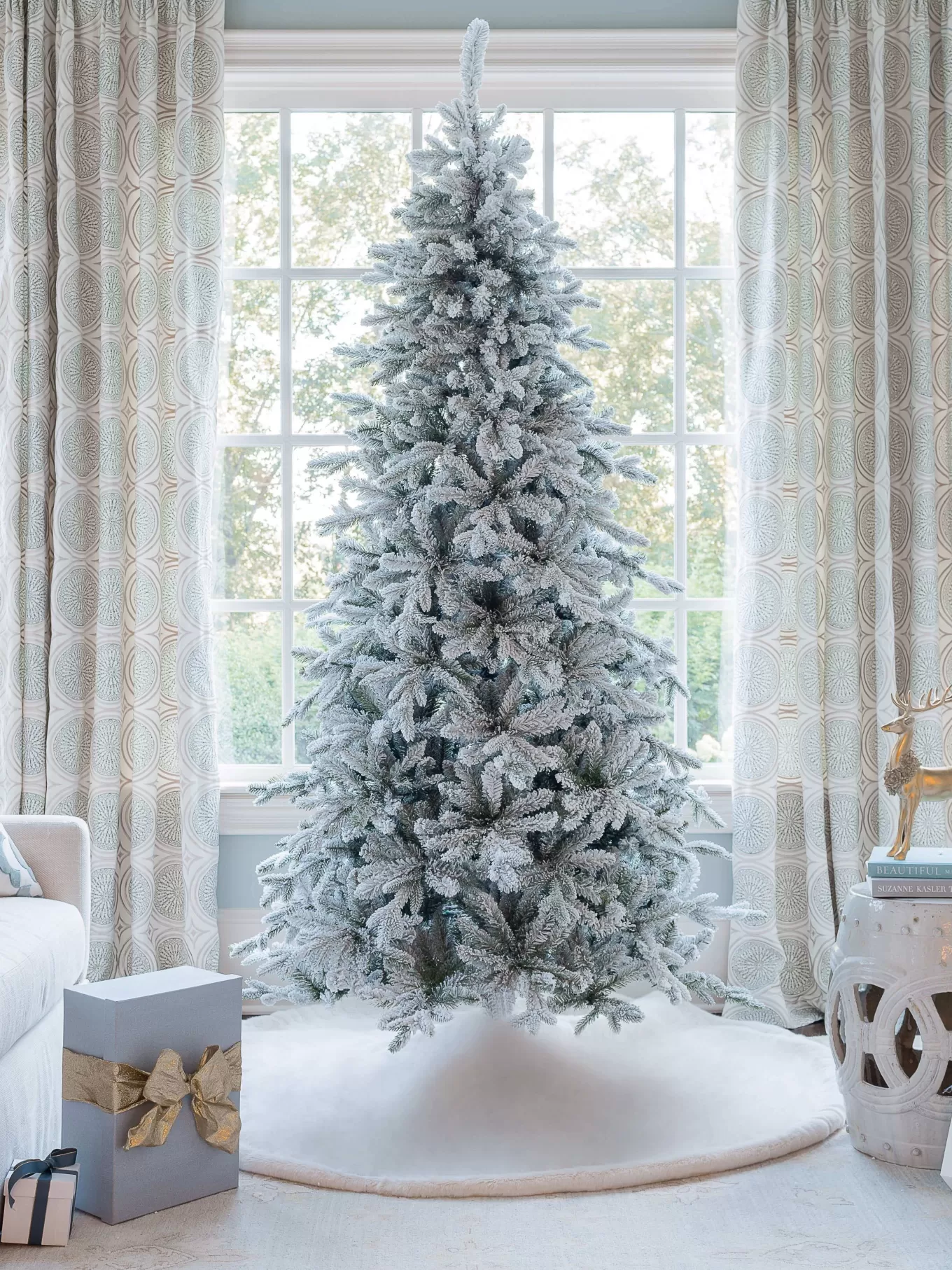 King Of Christmas 12' Queen Flock® Slim Artificial Christmas Tree With 1200 Warm White LED Lights- Realistic | Slim