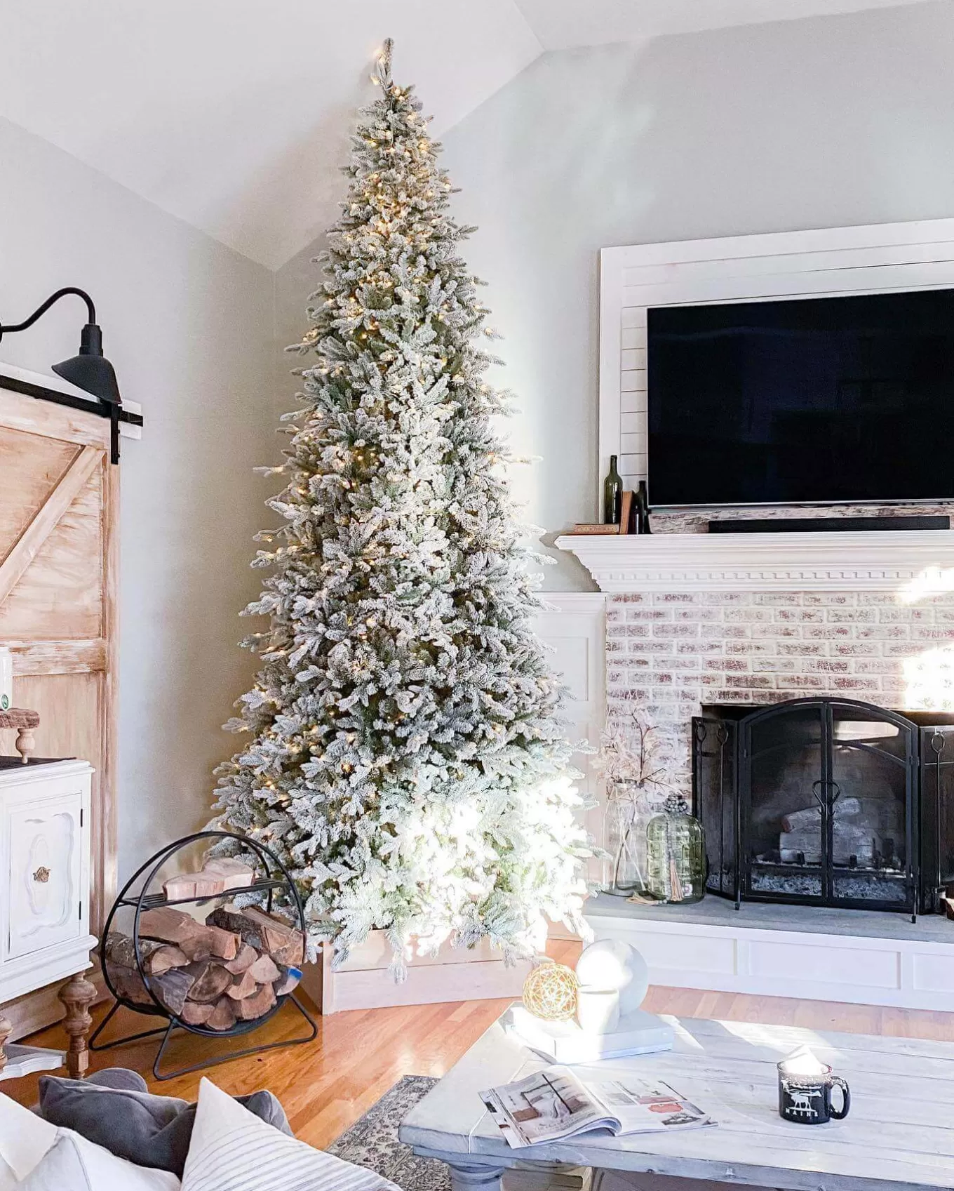 King Of Christmas 12' Queen Flock® Slim Artificial Christmas Tree With 1200 Warm White LED Lights- Realistic | Slim