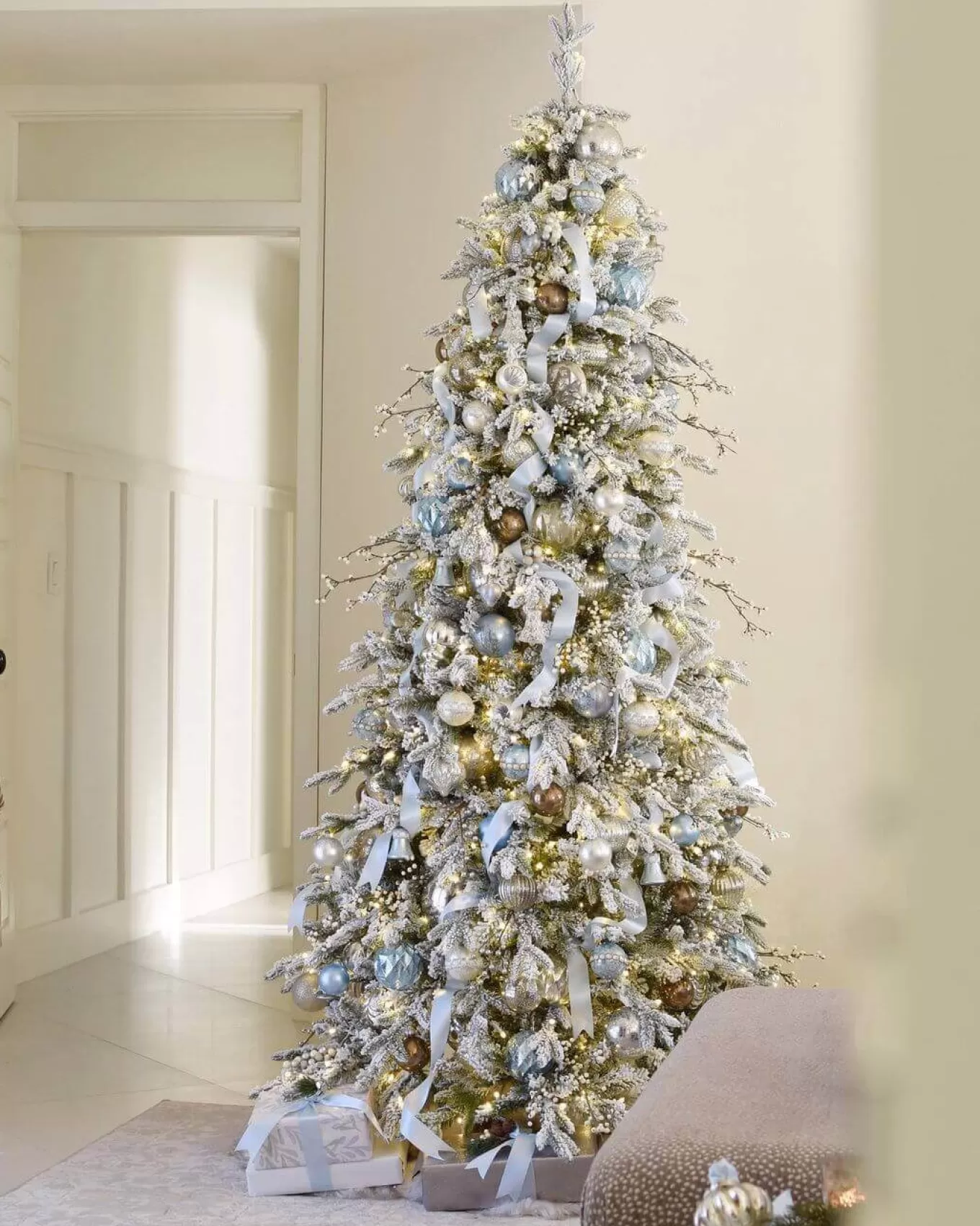 King Of Christmas 12' Queen Flock® Slim Artificial Christmas Tree With 1200 Warm White LED Lights- Realistic | Slim