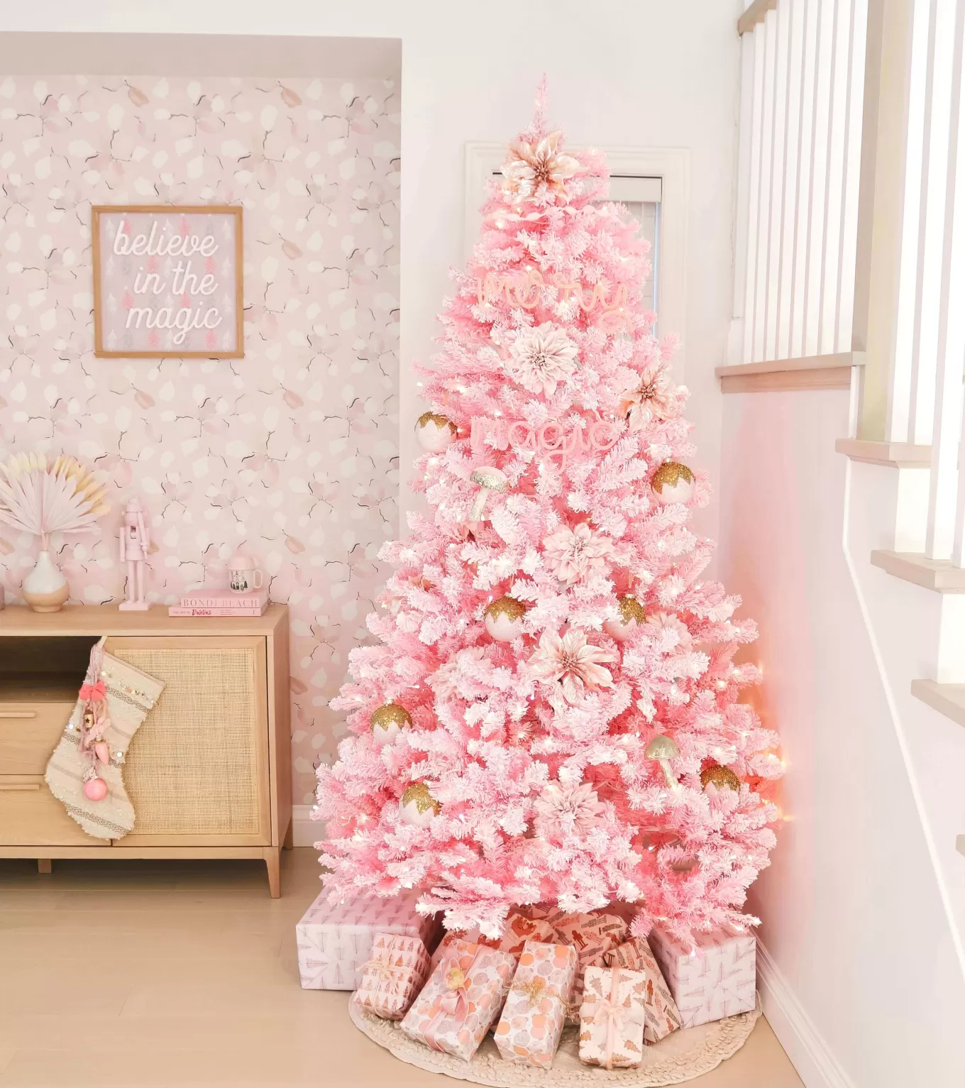 King Of Christmas 6.5' Duchess Pink Flock Artificial Christmas Tree With 500 Warm White LED Lights- Classic | Pre-Lit