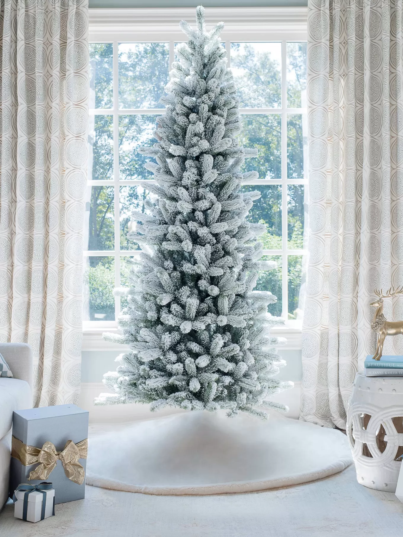 King Of Christmas 6.5' King Flock® Slim Artificial Christmas Tree With 500 Warm White LED Lights- Realistic | Slim