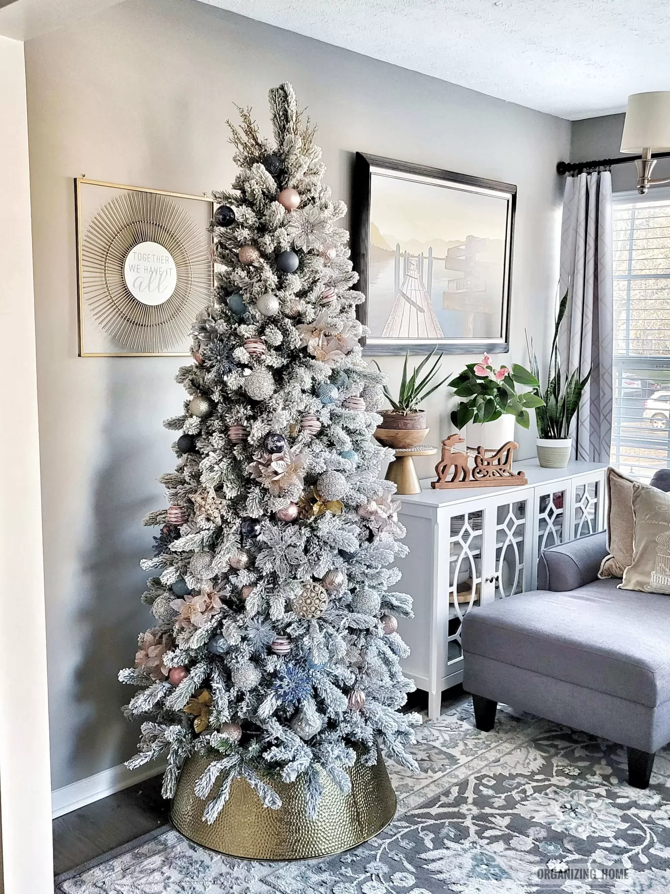 King Of Christmas 6.5' King Flock® Slim Artificial Christmas Tree With 500 Warm White LED Lights- Realistic | Slim