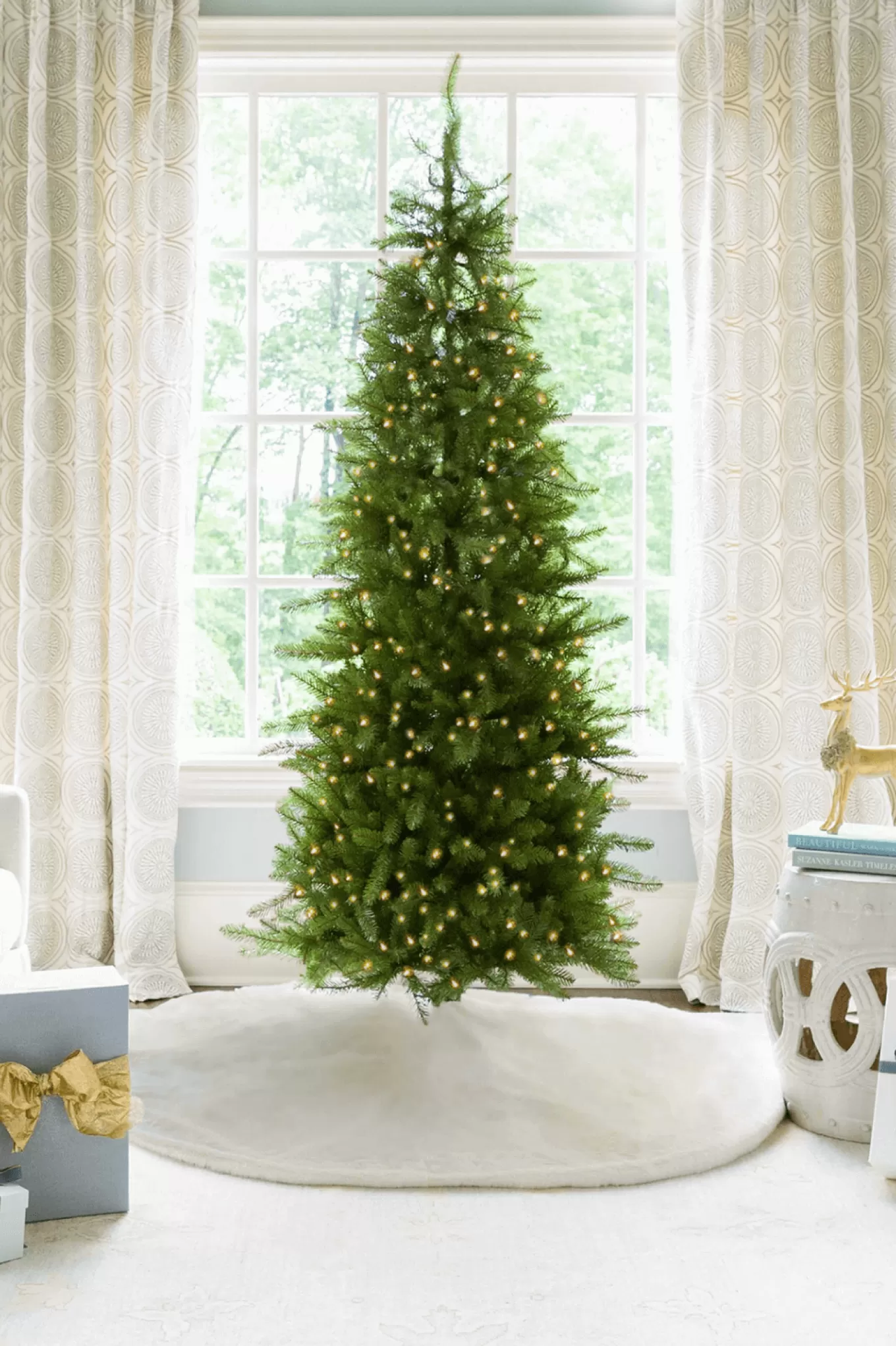 King Of Christmas 6.5' Yorkshire Fir Slim Artificial Christmas Tree With 400 Warm White LED Lights- Classic | Pre-Lit