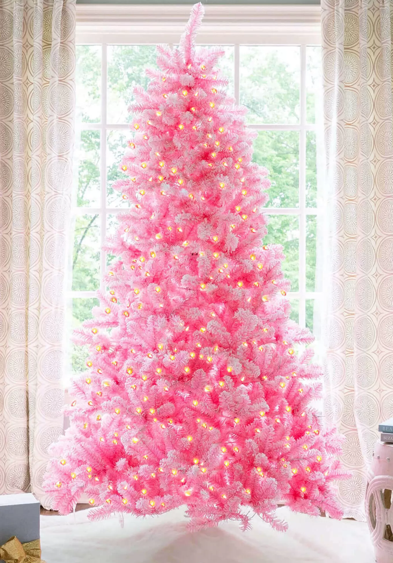 King Of Christmas 7.5' Duchess Pink Flock Artificial Christmas Tree With 600 Warm White LED Lights- Classic | Full