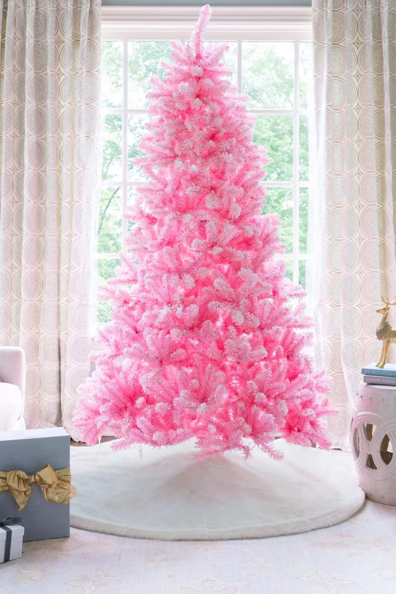 King Of Christmas 7.5' Duchess Pink Flock Artificial Christmas Tree With 600 Warm White LED Lights- Classic | Full
