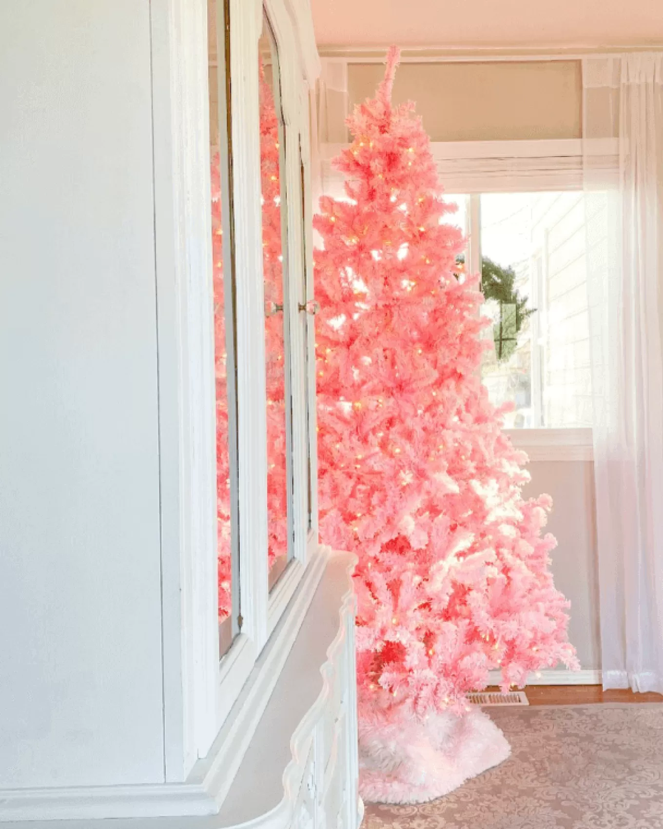 King Of Christmas 7.5' Duchess Pink Flock Artificial Christmas Tree With 600 Warm White LED Lights- Classic | Full