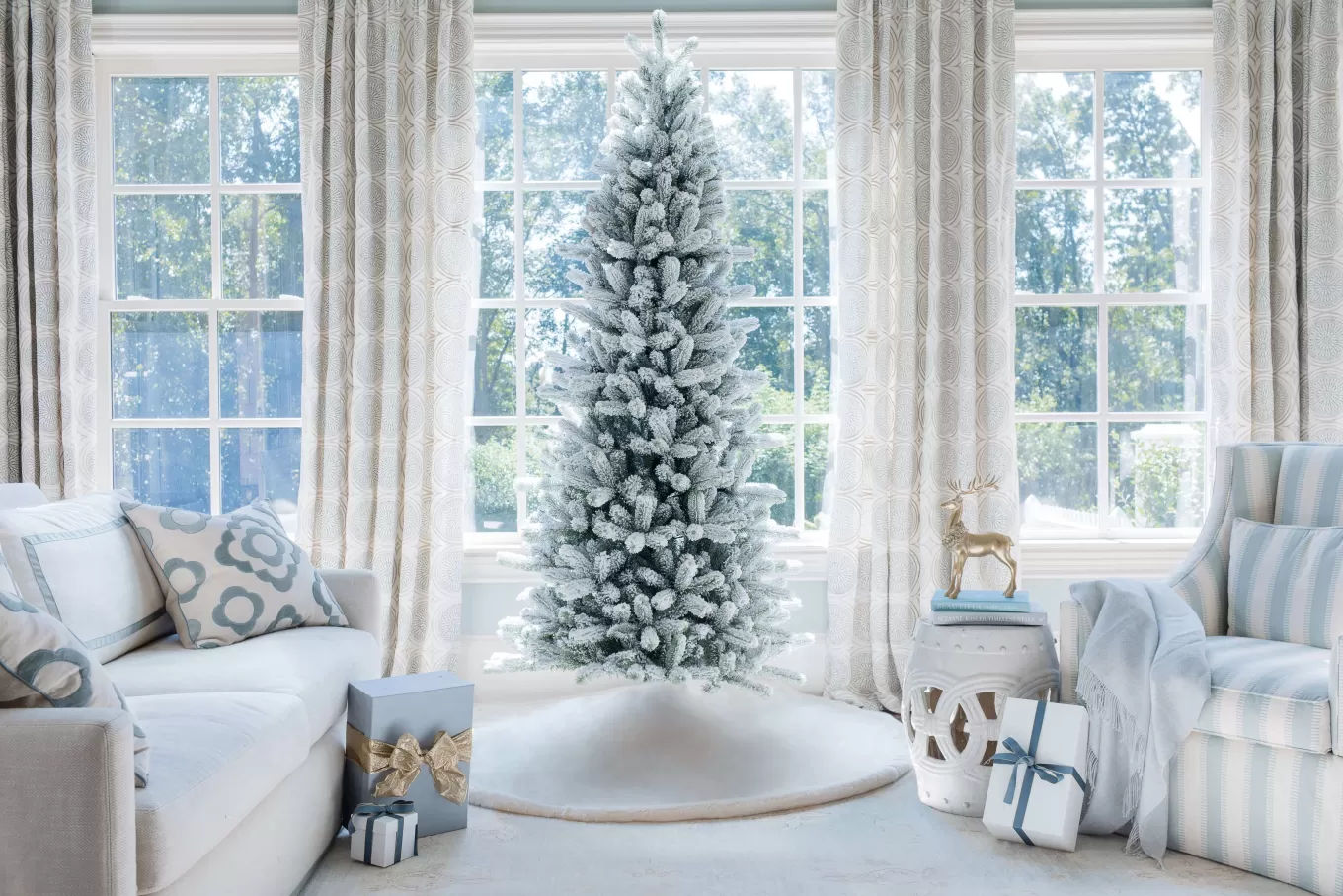 King Of Christmas 7.5' King Flock® Slim Artificial Christmas Tree With 650 Warm White LED Lights- Realistic | Slim