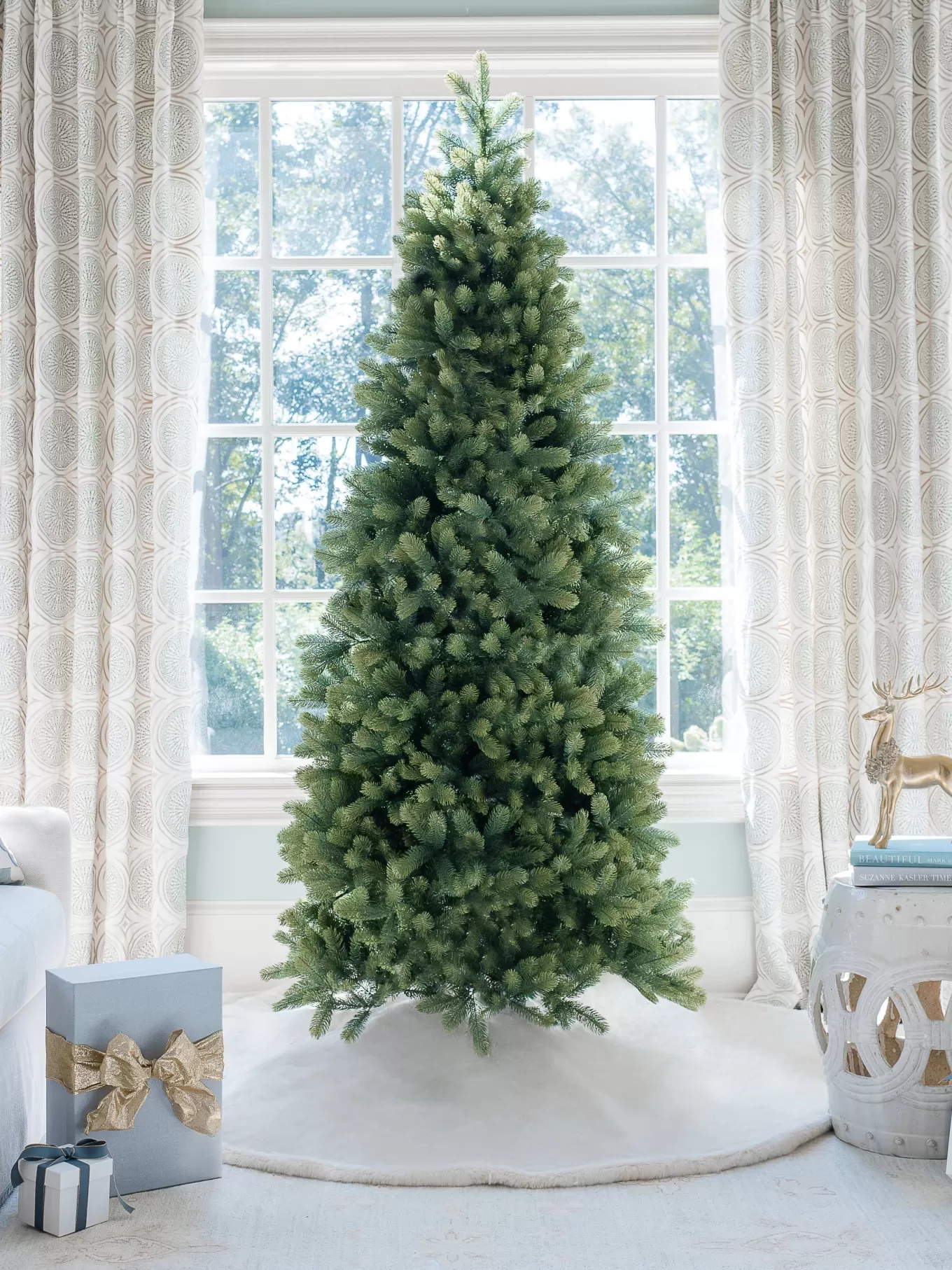 King Of Christmas 7.5' Royal Fir Slim Artificial Christmas Tree With 650 Warm White & Multi-Color LED Lights- Realistic | Pre-Lit
