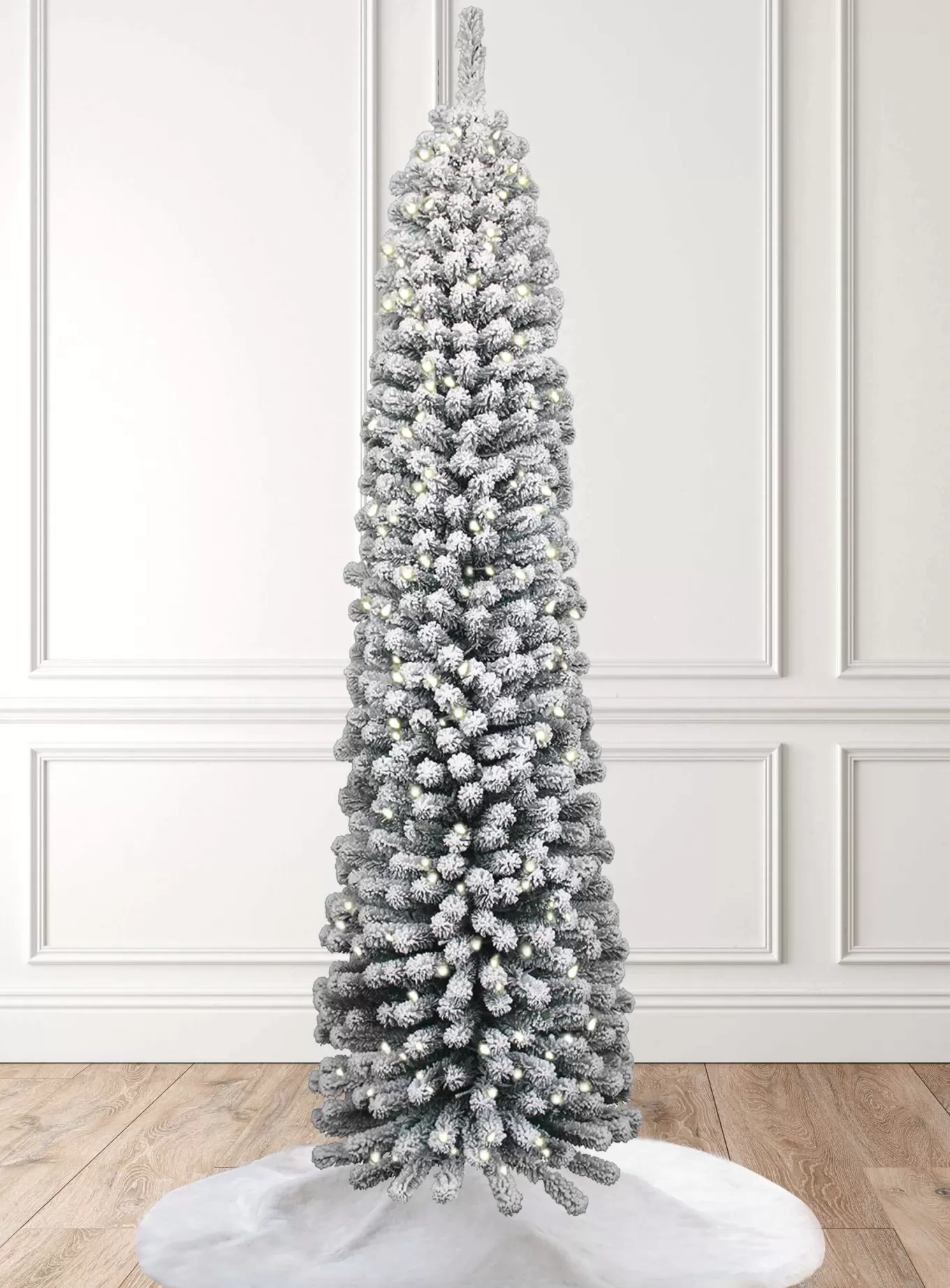 King Of Christmas 8' Prince Flock® Pencil Artificial Christmas Tree With 500 Warm White LED Lights- Classic | Slim