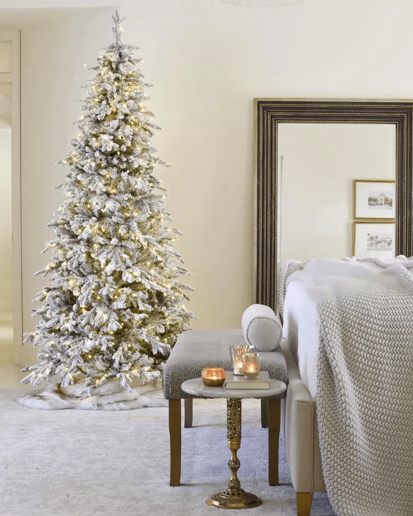 King Of Christmas 9' Queen Flock® Slim Artificial Christmas Tree With 900 Warm White LED Lights- Realistic | Slim