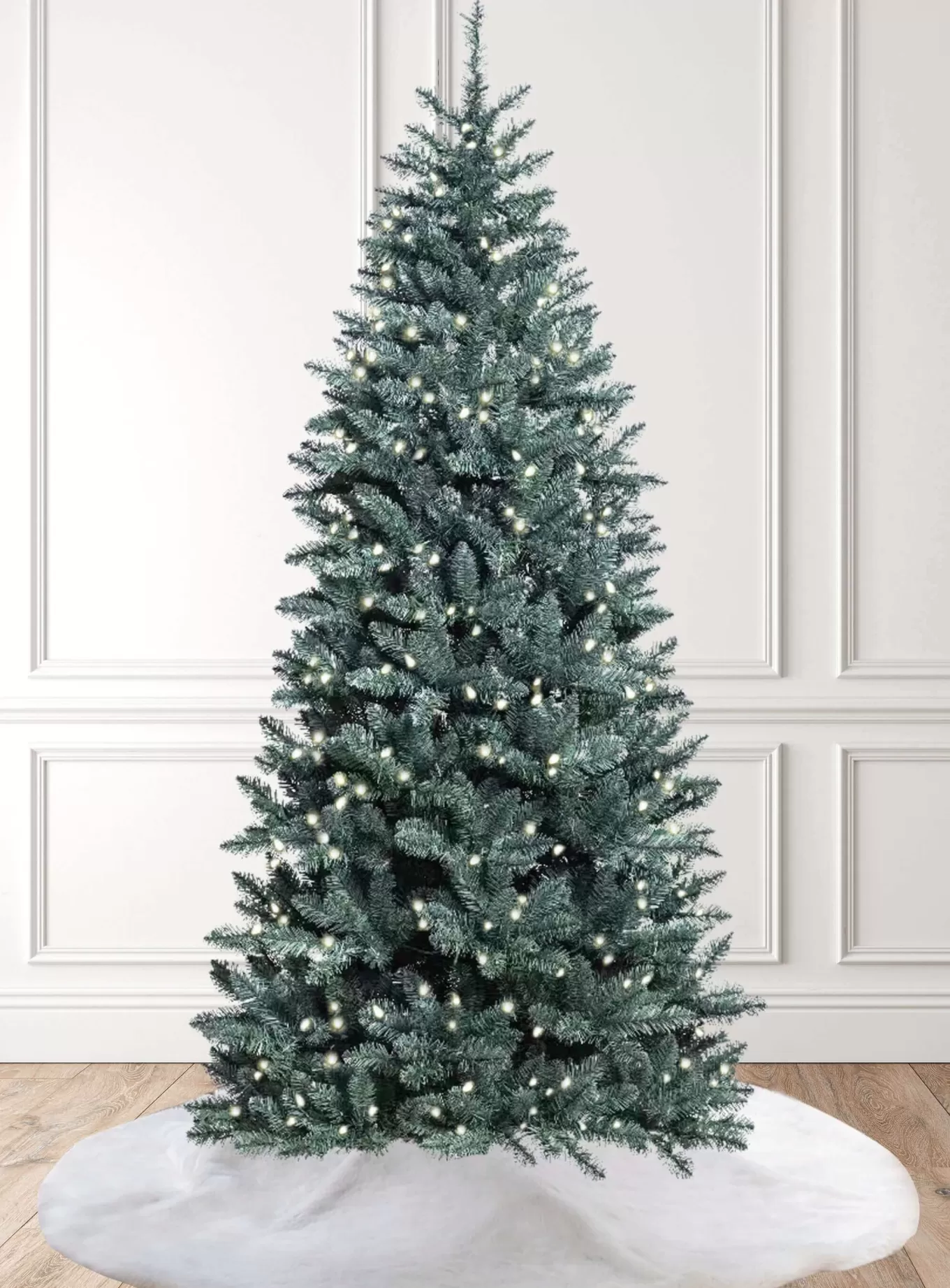 King Of Christmas 9' Tribeca Spruce Blue Slim Artificial Christmas Tree With 650 Warm White LED Lights- Classic | Slim
