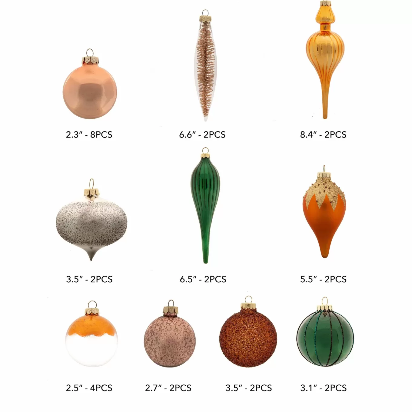 King Of Christmas Natural 30-Piece Glass Ornament Set (Burnt-Orange, Green) Limited Edition- Ornaments | 30 Pack