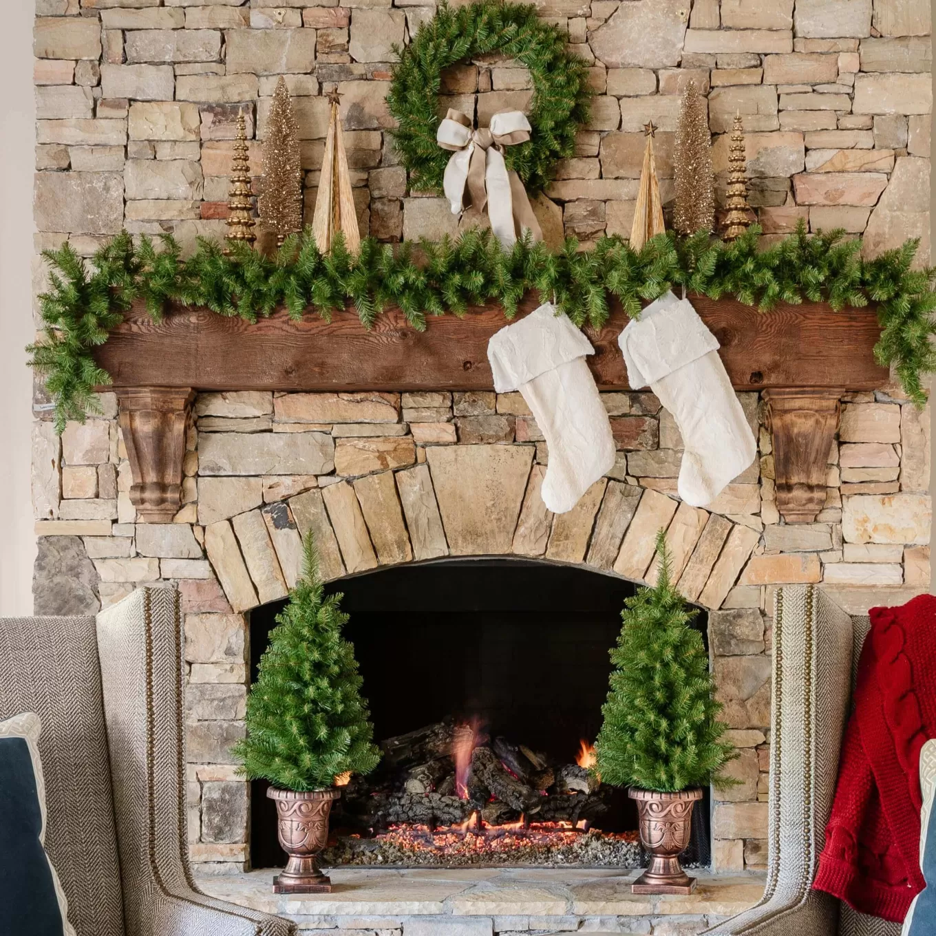 King Of Christmas Yorkshire Fir Collection 4-Piece Set With Warm White LED Lights (Battery Operated)- Sets